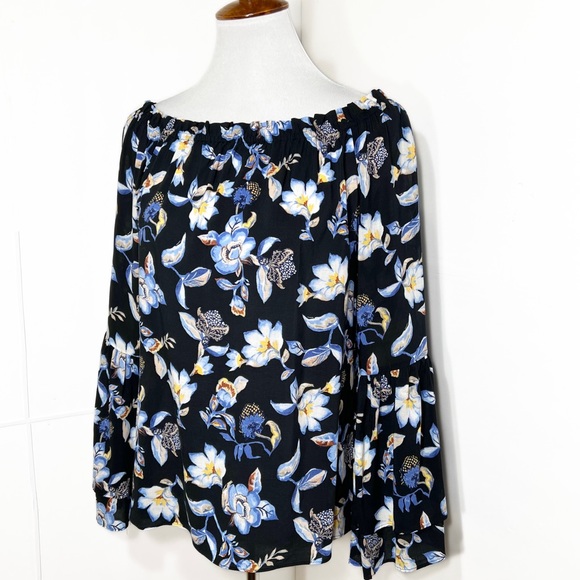 SOLD-WHBM Black Blue White Floral Print Off The Shoulder Bell Sleeve Peasant Top - Picture 4 of 8